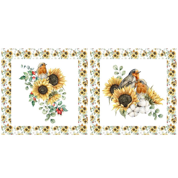 Autumn Sunflowers & Robins Pillow Panel - ineedfabric.com