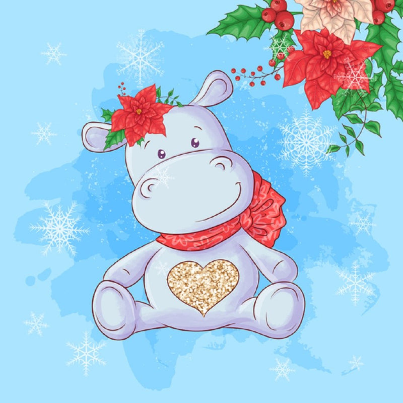 Baby Hippo Christmas Card Fabric Panel - Blue - ineedfabric.com