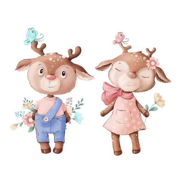 Be Mine, Cute Deer Boy And Girl Fabric Panel - White - ineedfabric.com