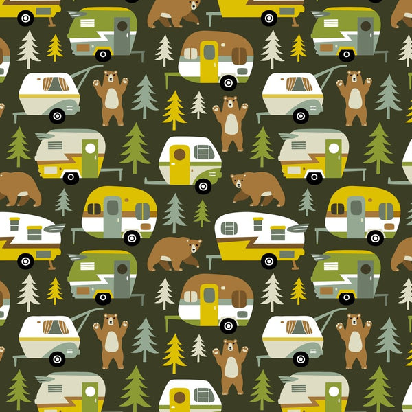 Camping With Bears Fabric - Green - ineedfabric.com