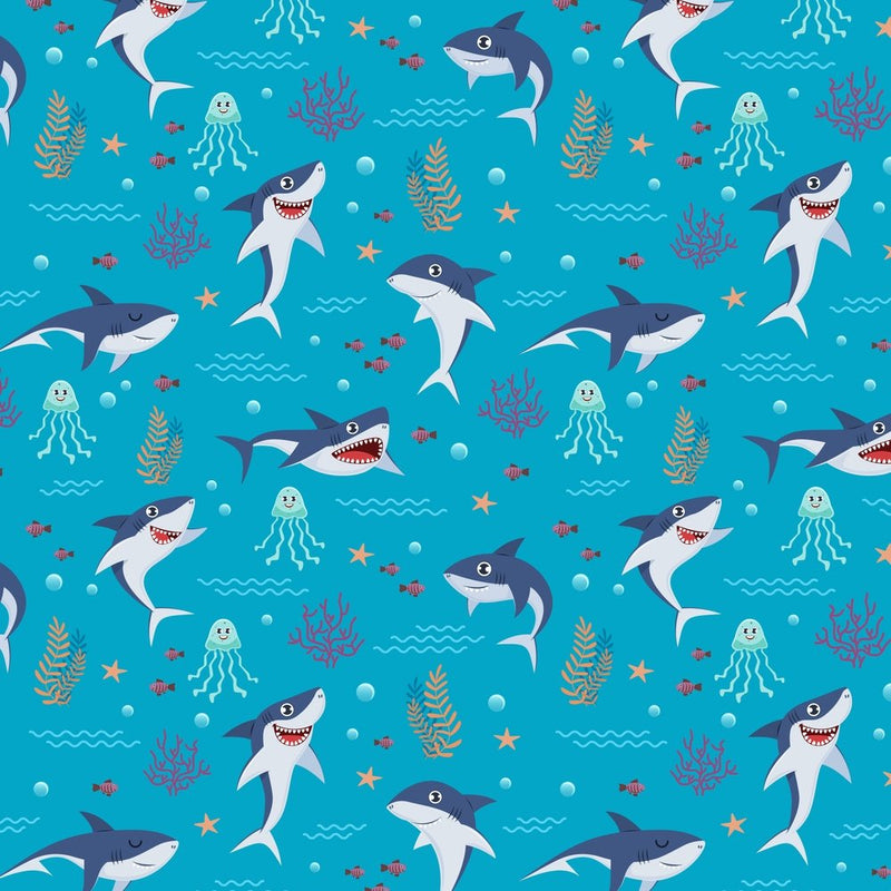 Cartoon Underwater Sharks Fabric - ineedfabric.com