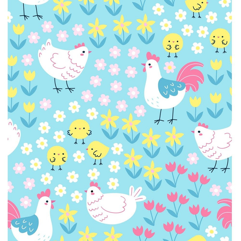Chickens & Floral Fabric - Blue - ineedfabric.com