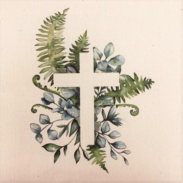 Cross With Eucalyptus Natural 100% Cotton Canvas Fabric Panel - Green - ineedfabric.com