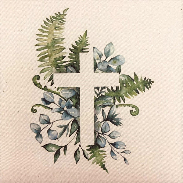 Cross With Eucalyptus Natural 100% Cotton Canvas Fabric Panel - Green - FunSewing.com