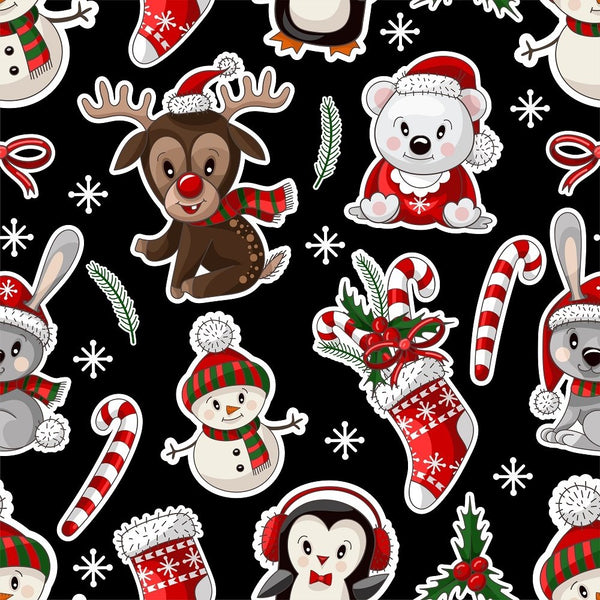 Cute Christmas Baby Animals Fabric - Black - ineedfabric.com
