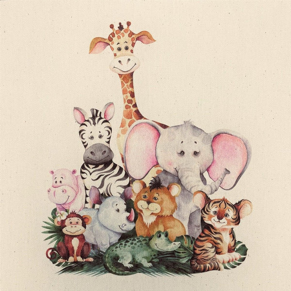 Cute Safari Animals Natural 100% Cotton Canvas Fabric Panel - ineedfabric.com