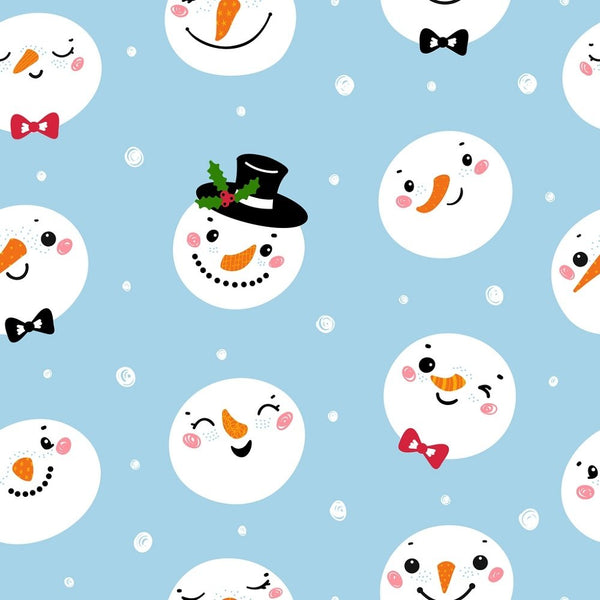 Cute Snowman Faces #2 Fabric - Blue - ineedfabric.com