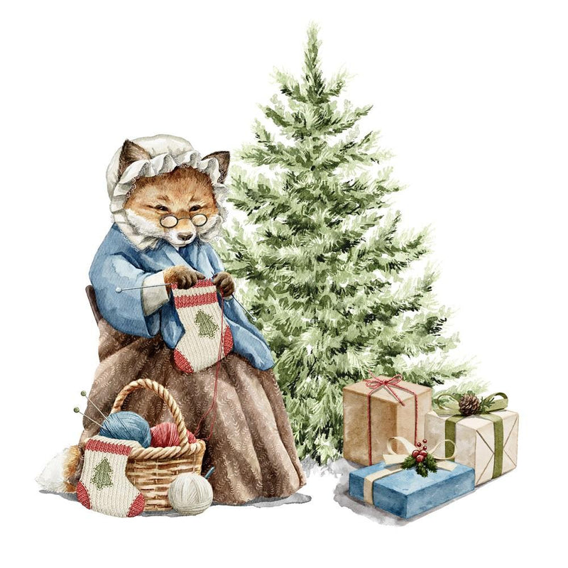 Fox Knitting Christmas Socks By Tree Fabric Panel - ineedfabric.com
