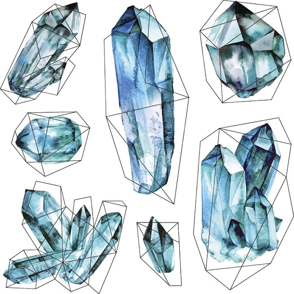 Geometric Watercolor Crystals Fabric Panel - Blue - ineedfabric.com