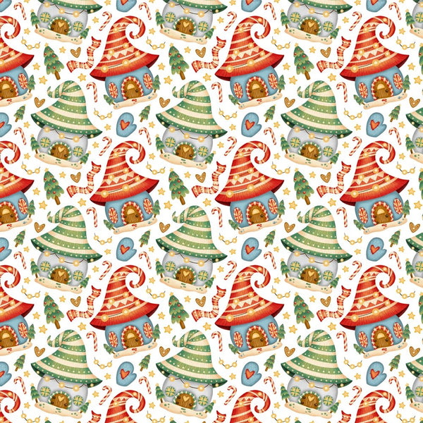 Gnome Gingerbread Houses Fabric - Red/Green - ineedfabric.com