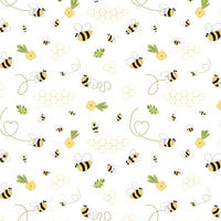 Hand Drawn Cartoon Bee Floral Fabric - White - ineedfabric.com