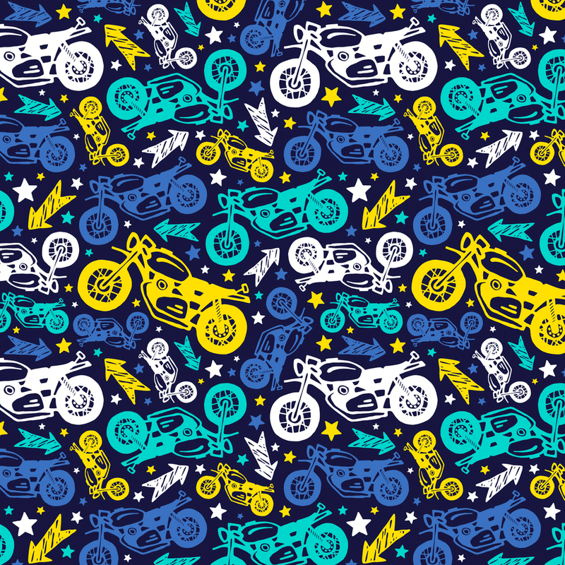 Let's Ride, Tossed Motorcycles Fabric - Navy - ineedfabric.com