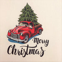 Merry Christmas Red Truck Natural 100% Cotton Canvas Fabric Panel - FunSewing.com
