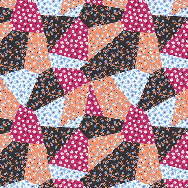 Patchwork Daises Fabric - Dark Pink - ineedfabric.com