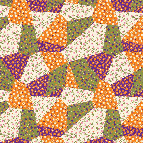 Patchwork Daises Fabric - Orange - ineedfabric.com