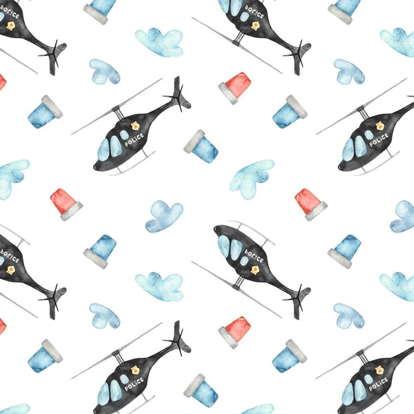 Police Helicopter With Lights Fabric - White - ineedfabric.com