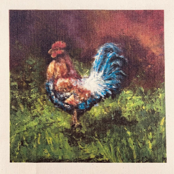 Rooster Oil Painting Natural 100% Cotton Canvas Fabric Panel - Multi - ineedfabric.com
