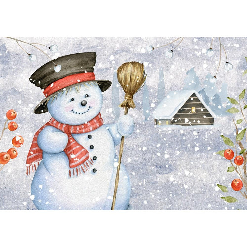 Snowman With Snow-Covered Cabin Fabric Panel - ineedfabric.com