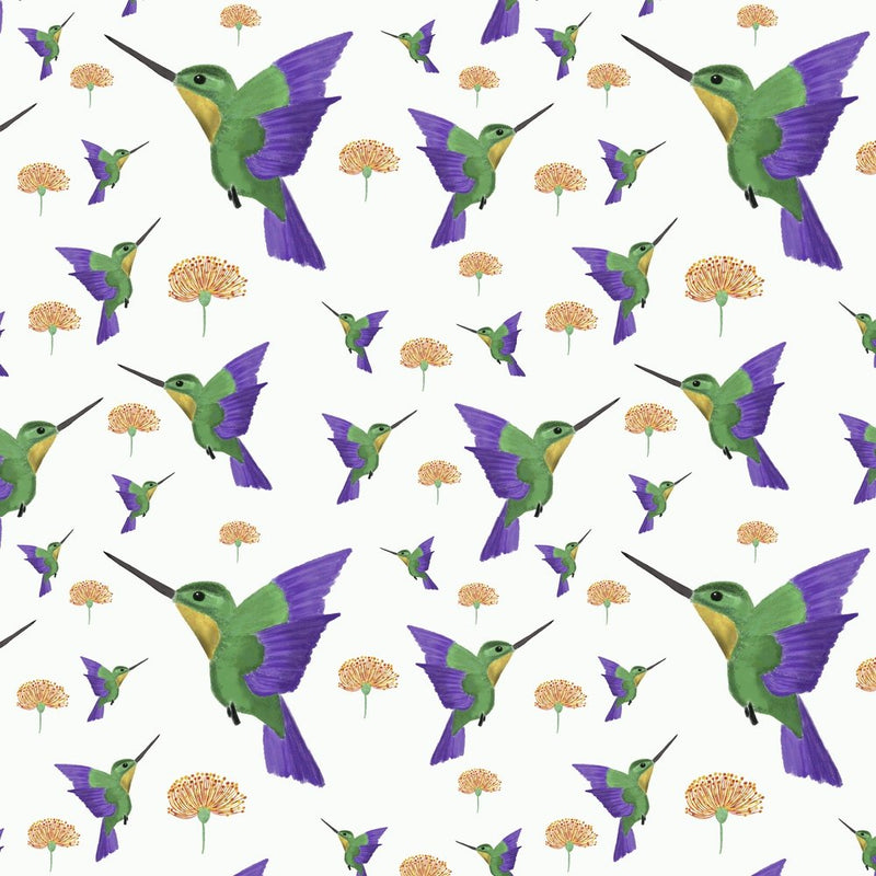 Summer Hummingbird Fabric - White - ineedfabric.com