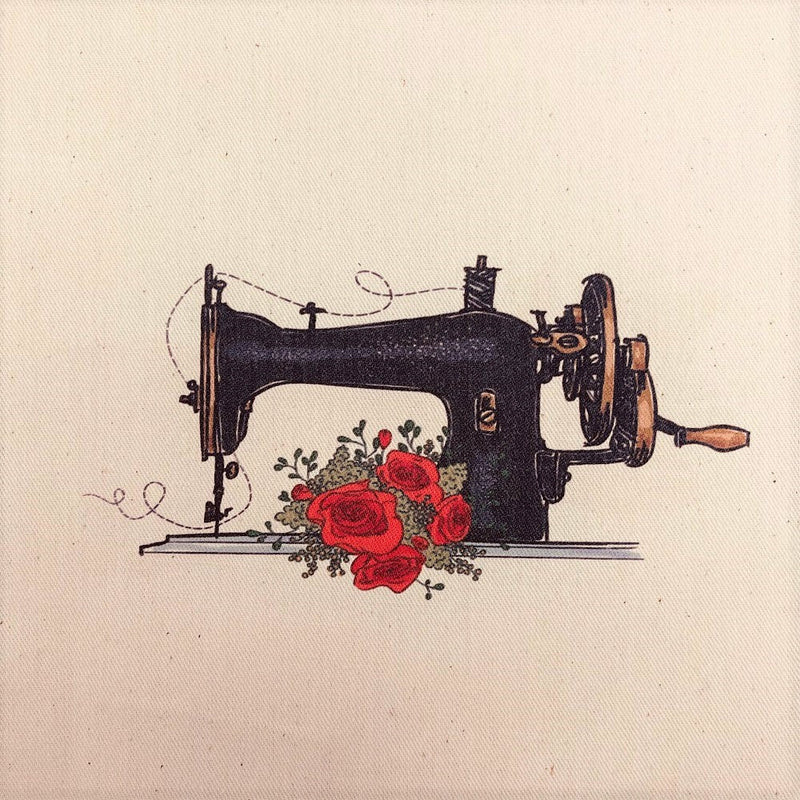 Vintage Sewing Machine With Roses Natural 100% Cotton Canvas Fabric Panel - ineedfabric.com