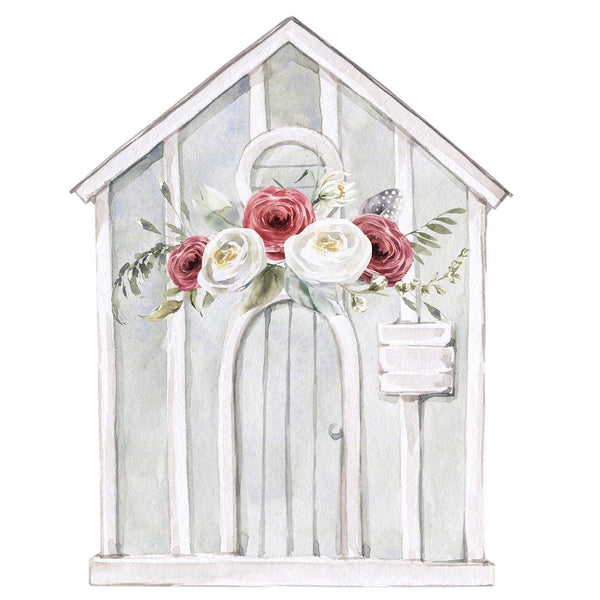 Watercolor Barn with Red Flowers Fabric Panel - FunSewing.com
