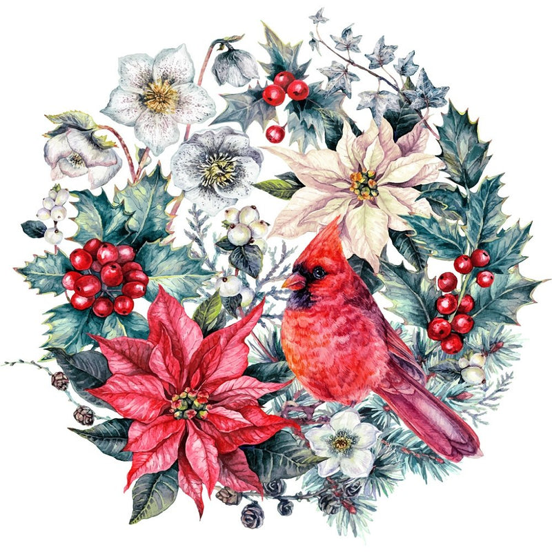 Watercolor Cardinal & Poinsettia Fabric Panel - Multi - ineedfabric.com