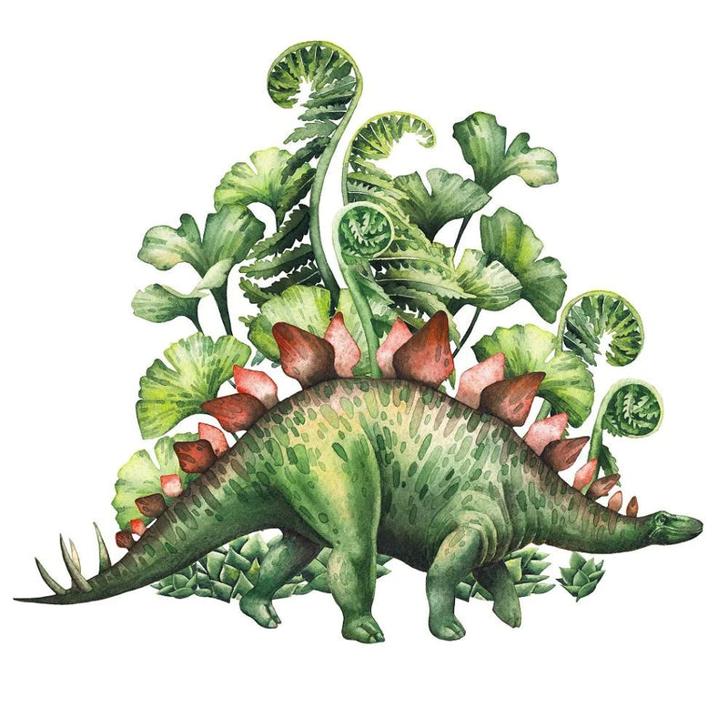 Watercolor Dinosaur Stegosaurus with Plants Fabric Panel - FunSewing.com