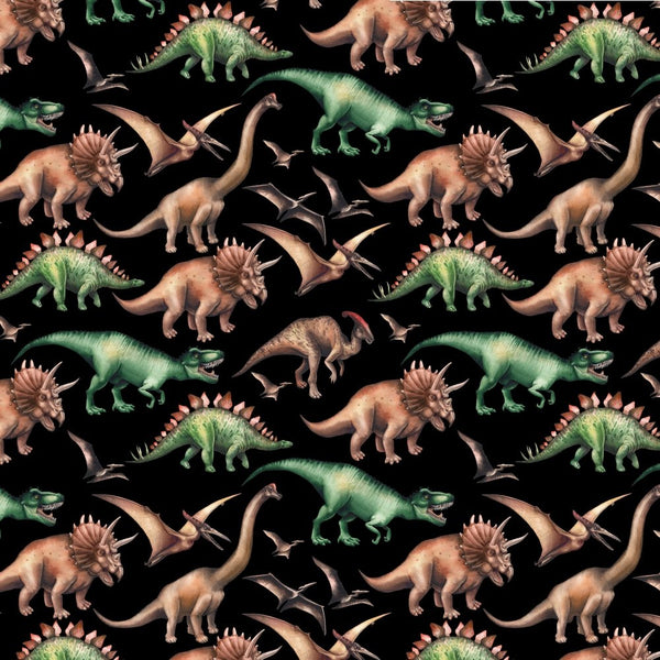 Watercolor Dinosaurs Fabric - Black - ineedfabric.com