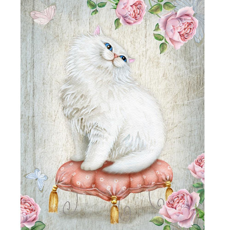 Watercolor English Roses & Kitty Cat Fabric Panel - ineedfabric.com
