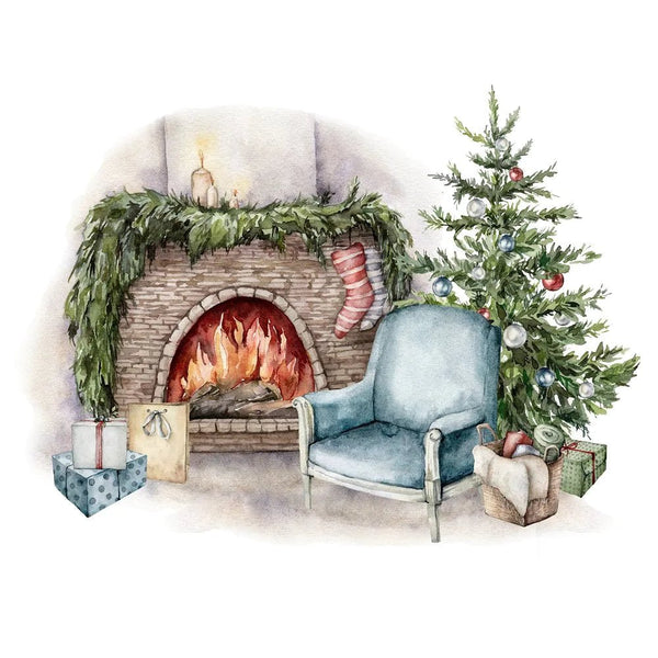 Watercolor Fireplace & Tree Fabric Panel - Multi - FunSewing.com