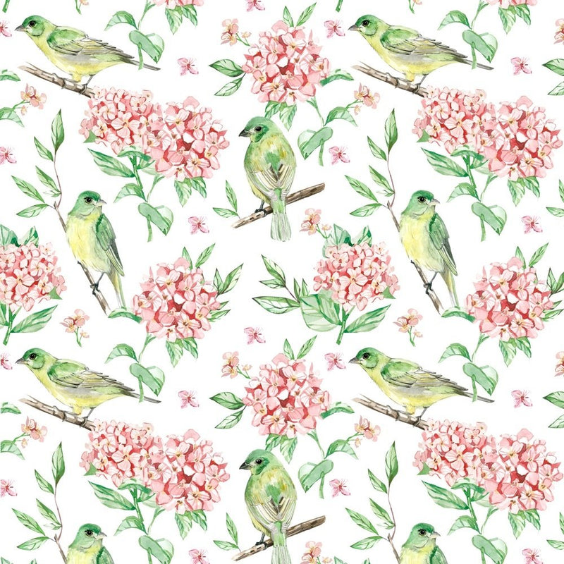 Watercolor Floral, Birds and Flowers Fabric - Green - ineedfabric.com