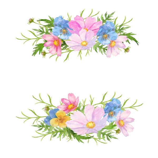 Watercolor Floral, Cosmos And Pansy Flower Fabric Panel - White - ineedfabric.com