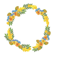 Watercolor Floral, Mimosa And Pansy Wreath Fabric Panel - White - ineedfabric.com
