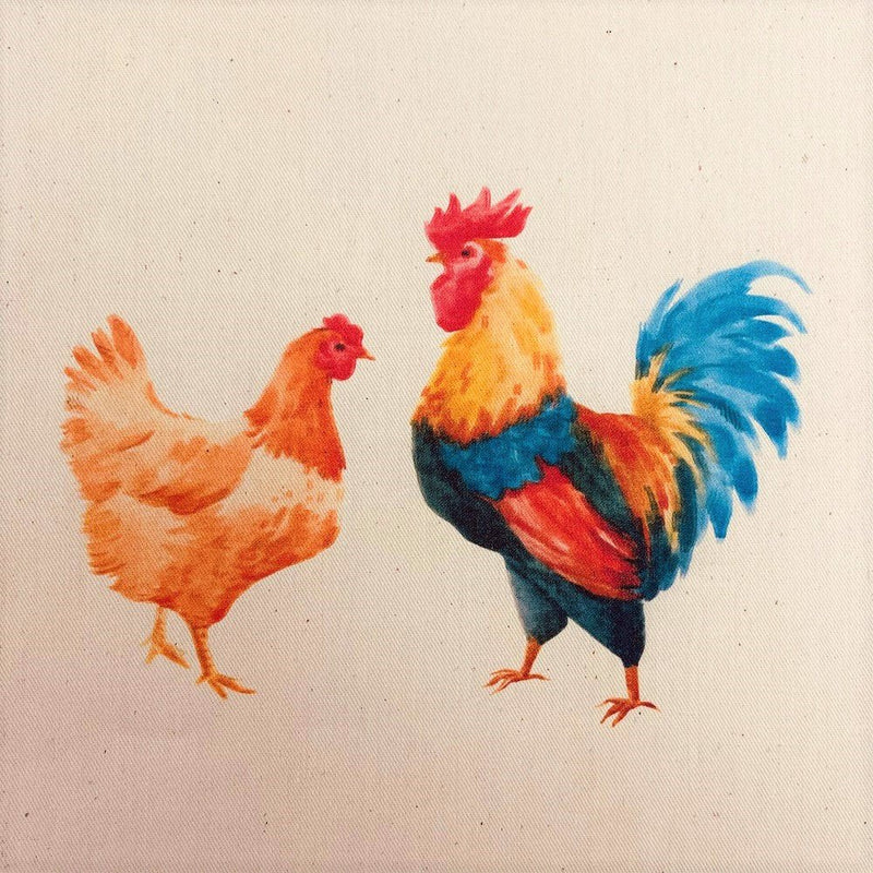 Watercolor Rooster & Hen Natural 100% Cotton Canvas Fabric Panel - ineedfabric.com