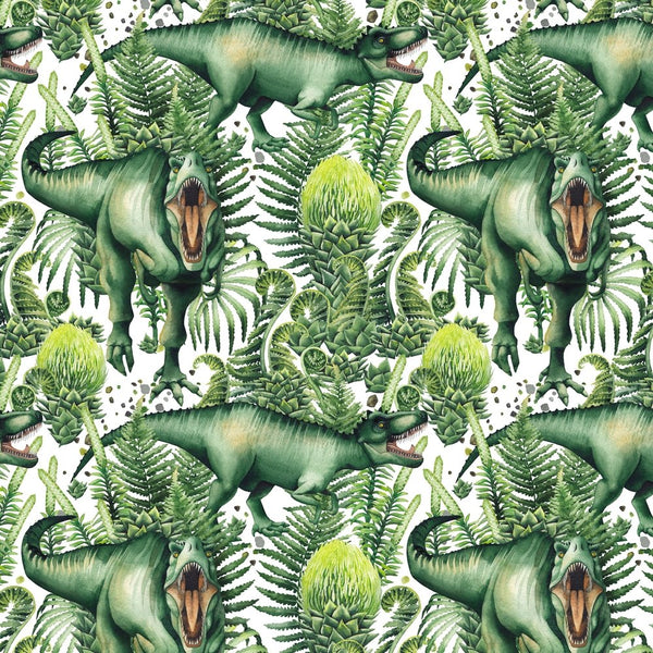 Watercolor T-Rex Fabric - Green/White - ineedfabric.com